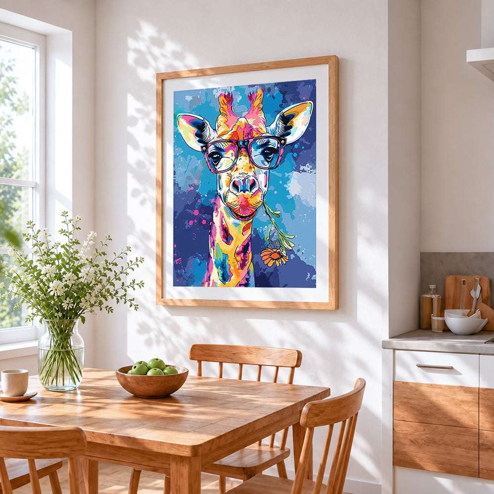 Cool giraffe with glasses and flower cross stitch artwork displayed on wall as home decor
