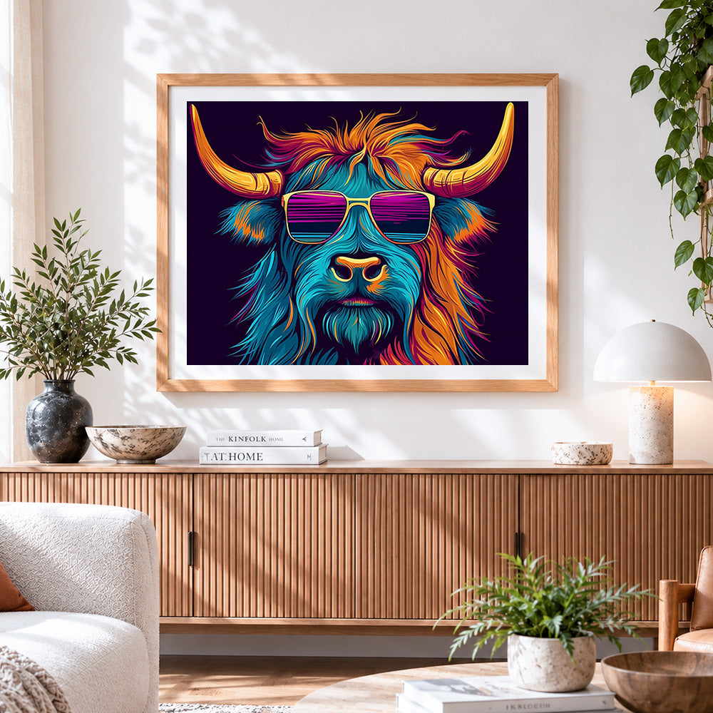 Finished cool highland cow with sunglasses paint by numbers artwork displayed as home decor