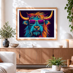 Finished cool highland cow with sunglasses paint by numbers artwork displayed as home decor