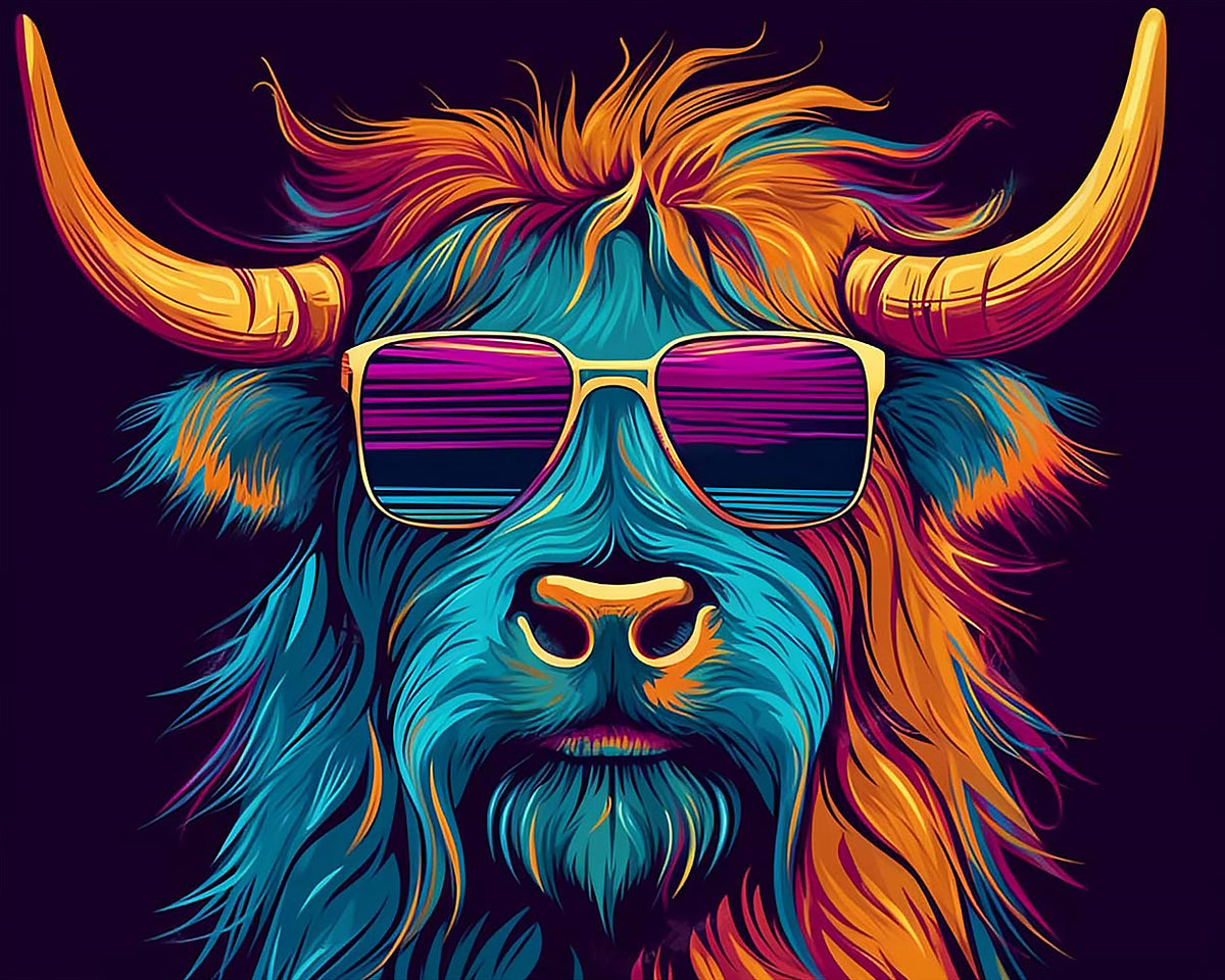 Cool highland cow with sunglasses paint by numbers kit for beginners