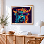 Cool highland cow with sunglasses paint by numbers artwork displayed on wall as home decor