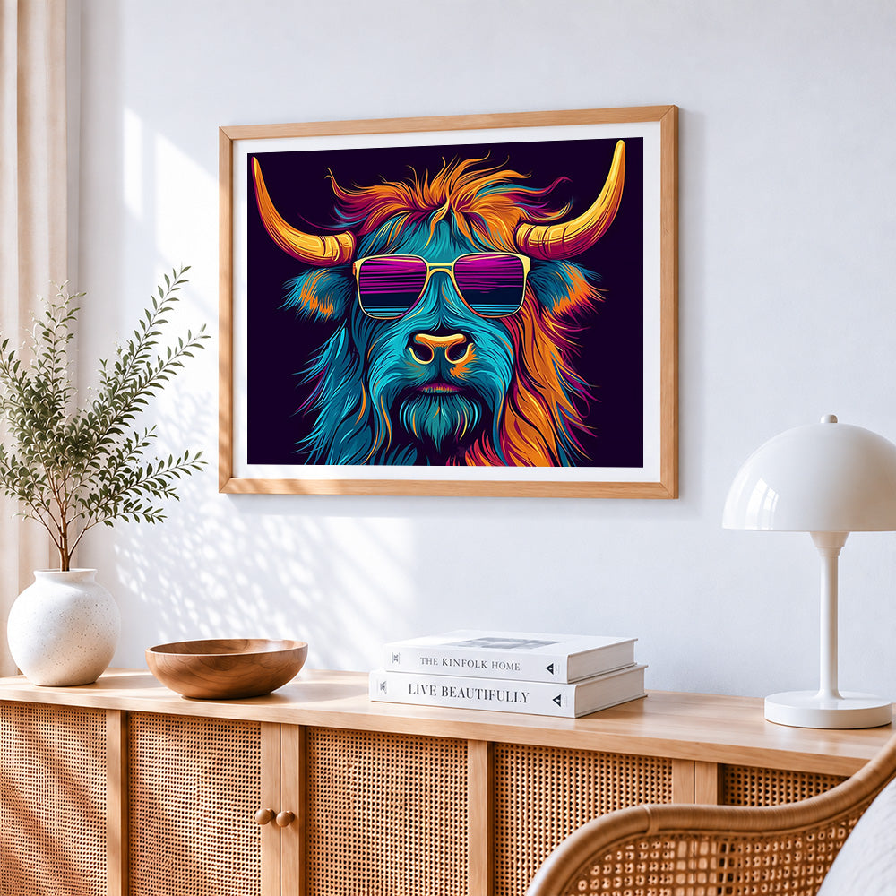 Cool highland cow with sunglasses paint by numbers artwork displayed on wall as home decor