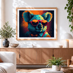 Finished cool koala with sunglasses and bow tie cross stitch artwork displayed