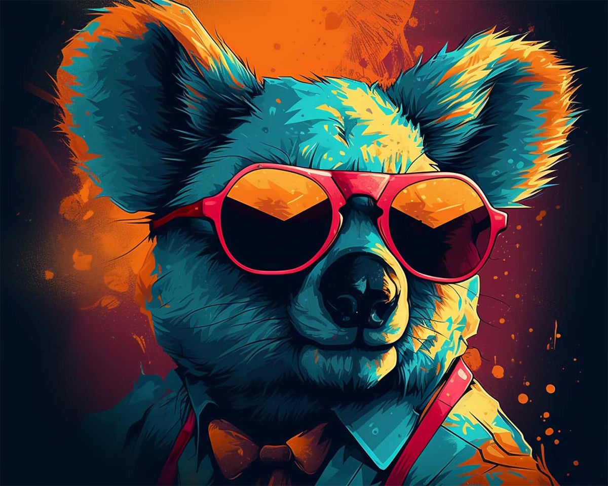 Cool koala with sunglasses and bow tie cross stitch kit for beginners