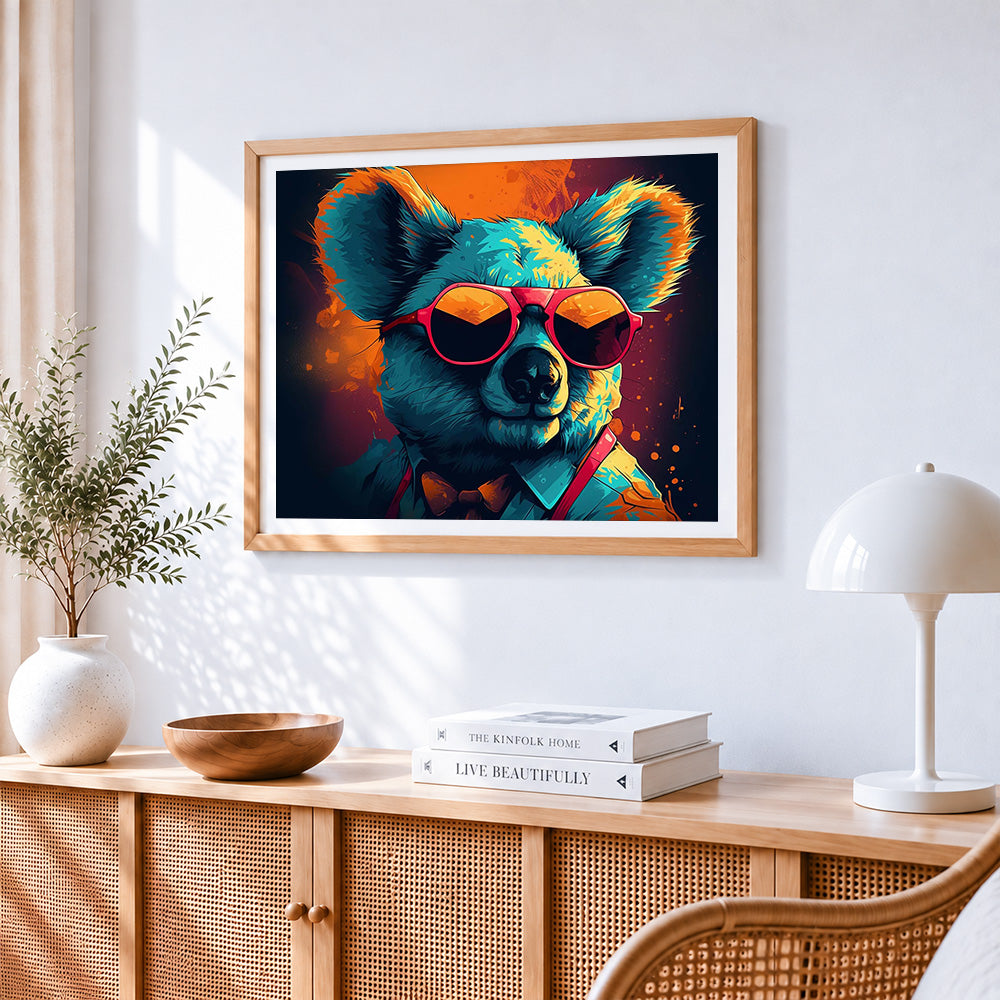 Cool koala with sunglasses and bow tie cross stitch artwork displayed on wall as home decor