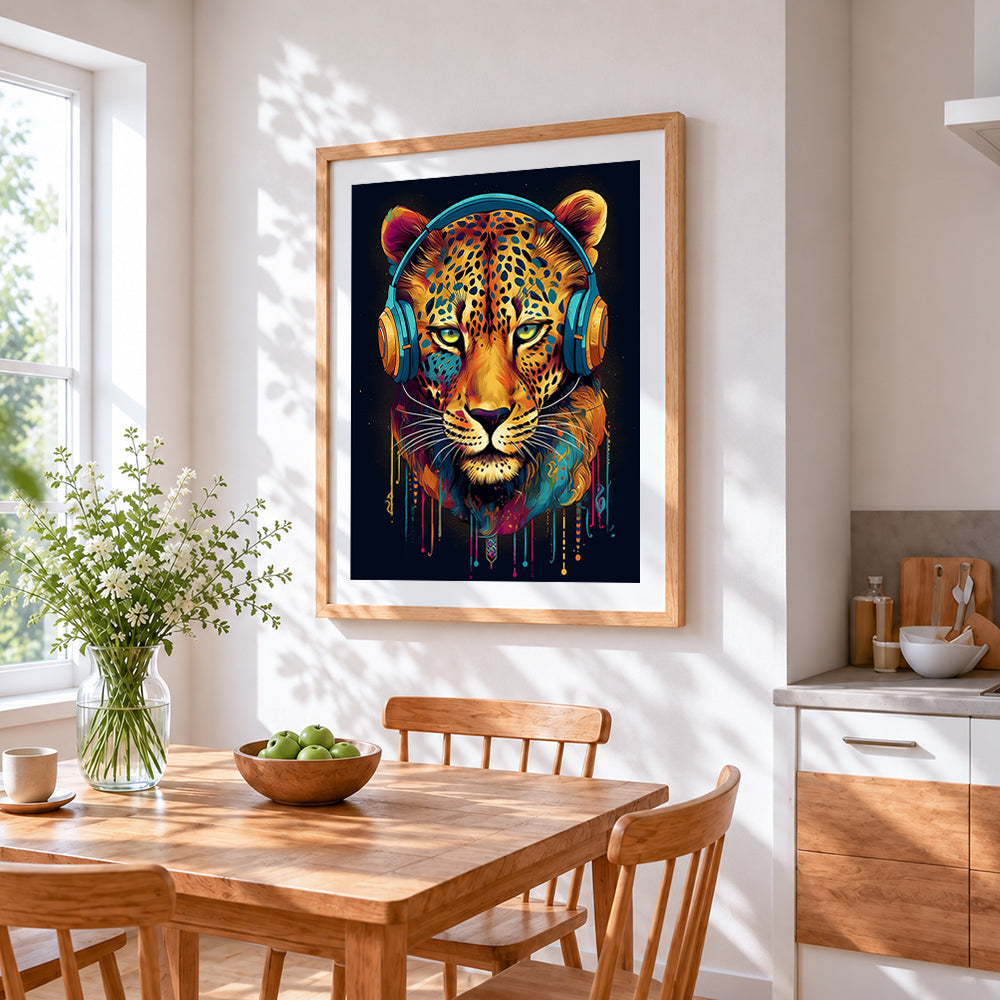 Cool leopard with blue headphones cross stitch artwork displayed on wall as home decor