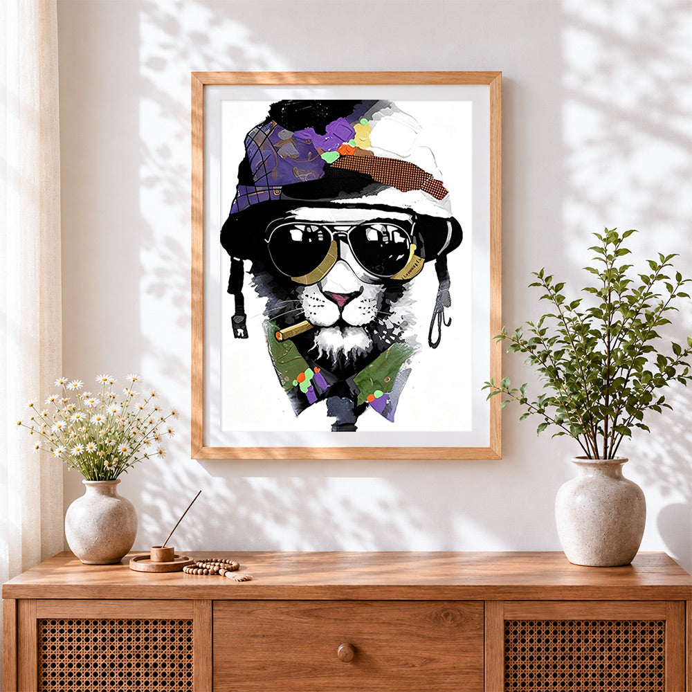 Finished cool lion with sunglasses cross stitch artwork displayed