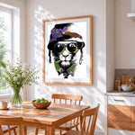 Cool lion with sunglasses cross stitch artwork displayed on wall as home decor