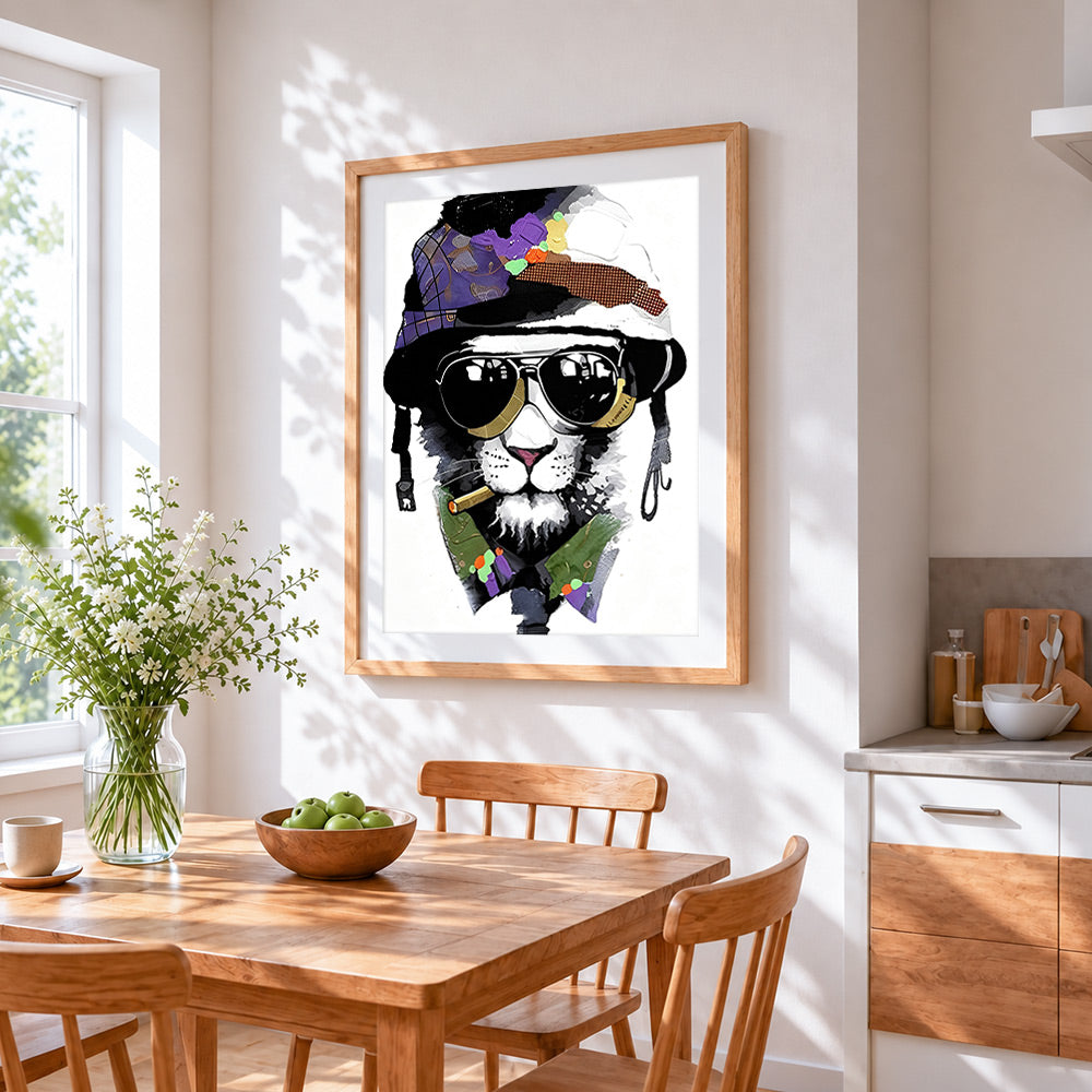 Cool lion with sunglasses cross stitch artwork displayed on wall as home decor