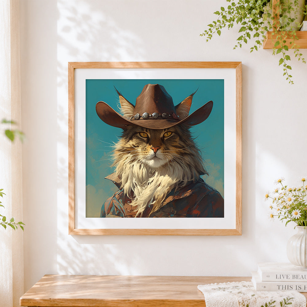 Finished cool maine coon with a cowboy hat cross stitch artwork displayed