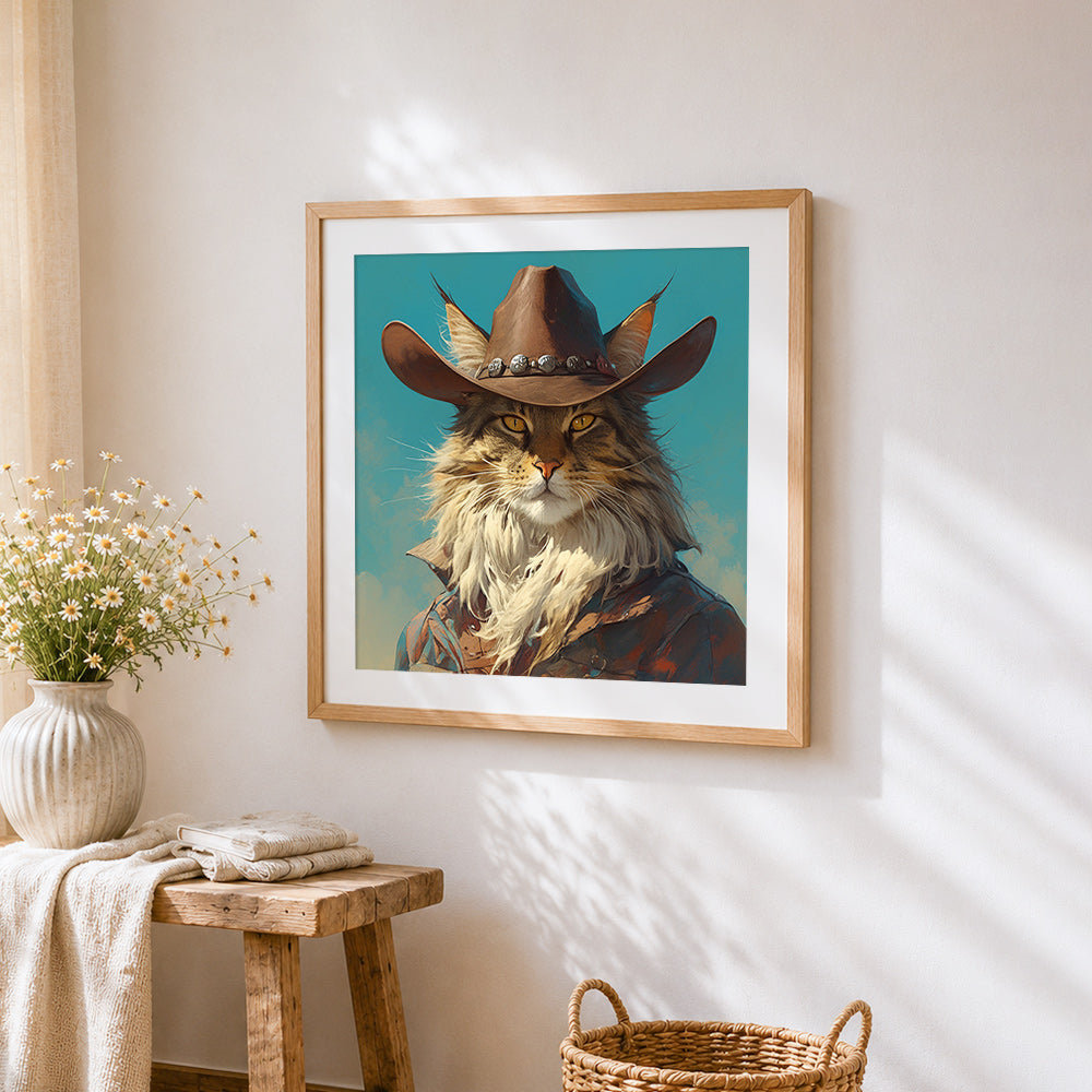 Cool maine coon with a cowboy hat cross stitch artwork displayed on wall as home decor