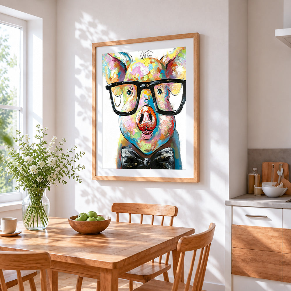 Cool pig with glasses and bowtie cross stitch artwork displayed on wall as home decor