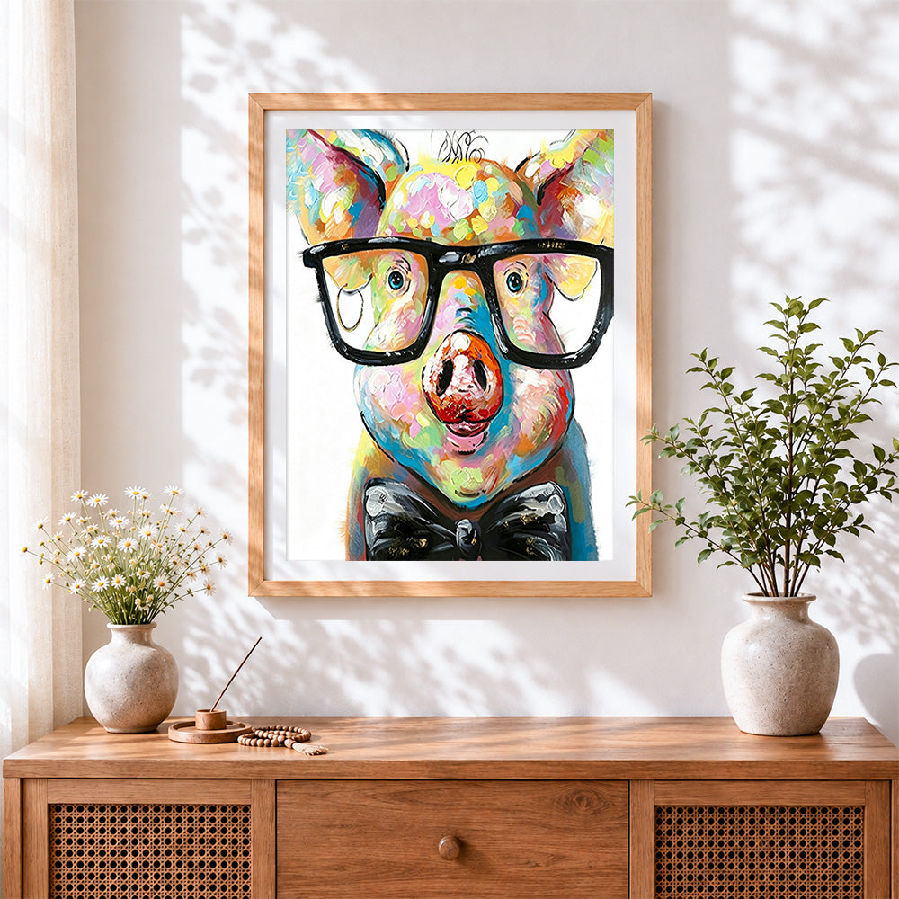 Finished cool pig with glasses and bowtie paint by numbers artwork displayed as home decor