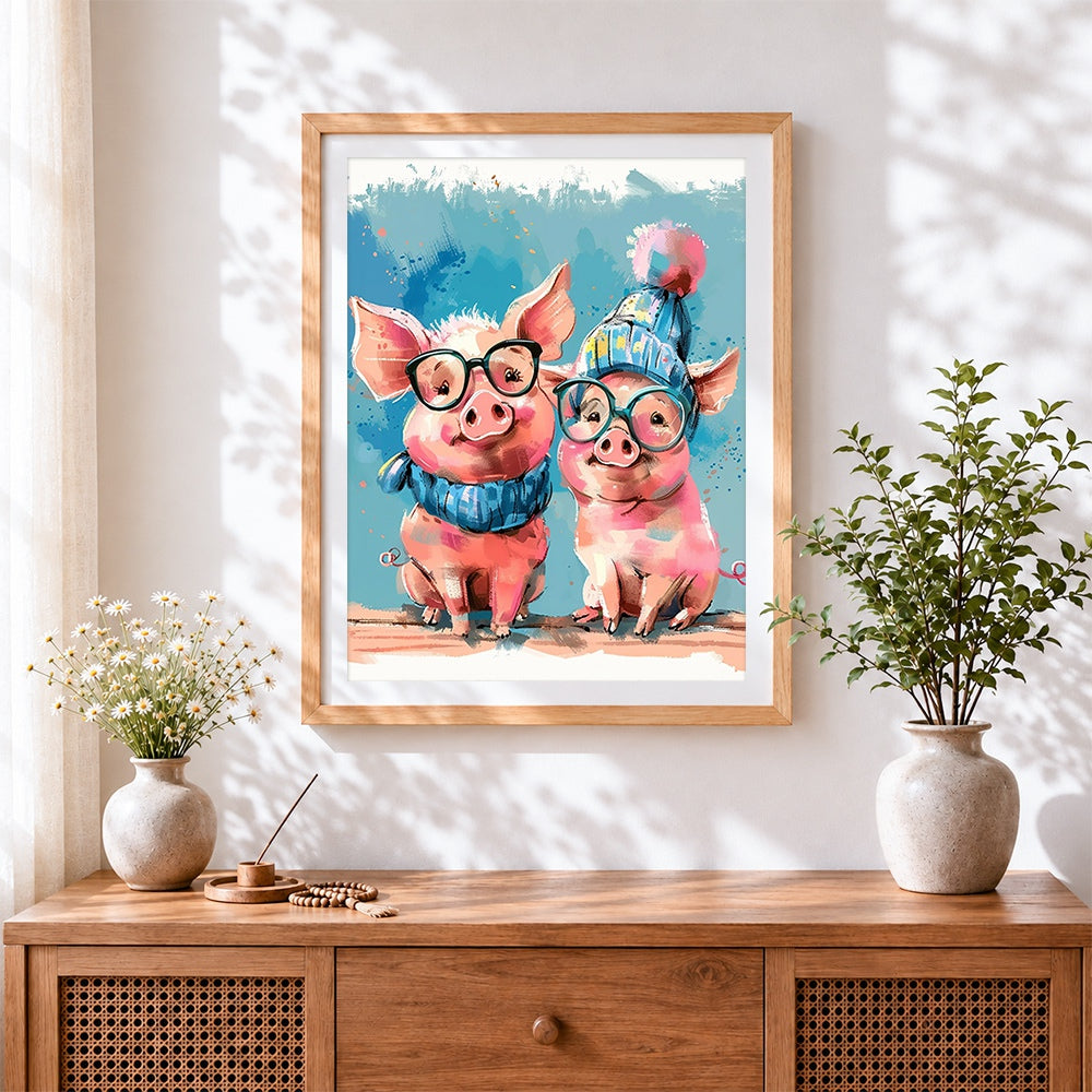 Finished cool pigs with glasses and hats cross stitch artwork displayed