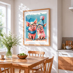 Cool pigs with glasses and hats cross stitch artwork displayed on wall as home decor