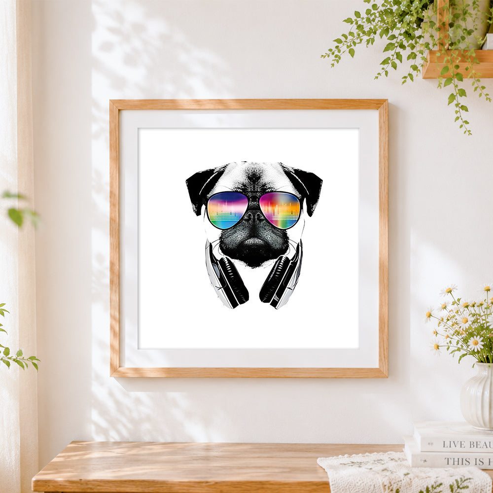 Finished cool pug with headphones and rainbow sunglasses cross stitch artwork displayed