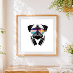 Finished cool pug with headphones and rainbow sunglasses cross stitch artwork displayed