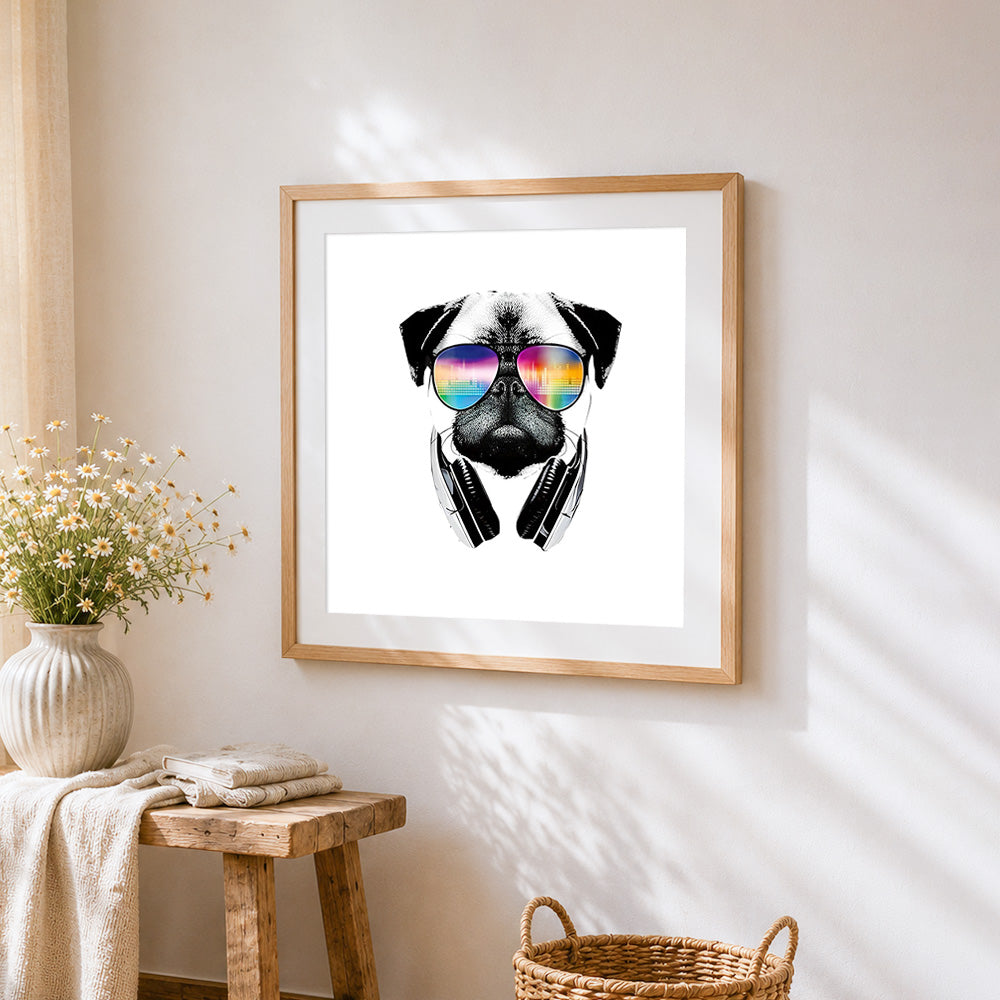 Cool pug with headphones and rainbow sunglasses cross stitch artwork displayed on wall as home decor
