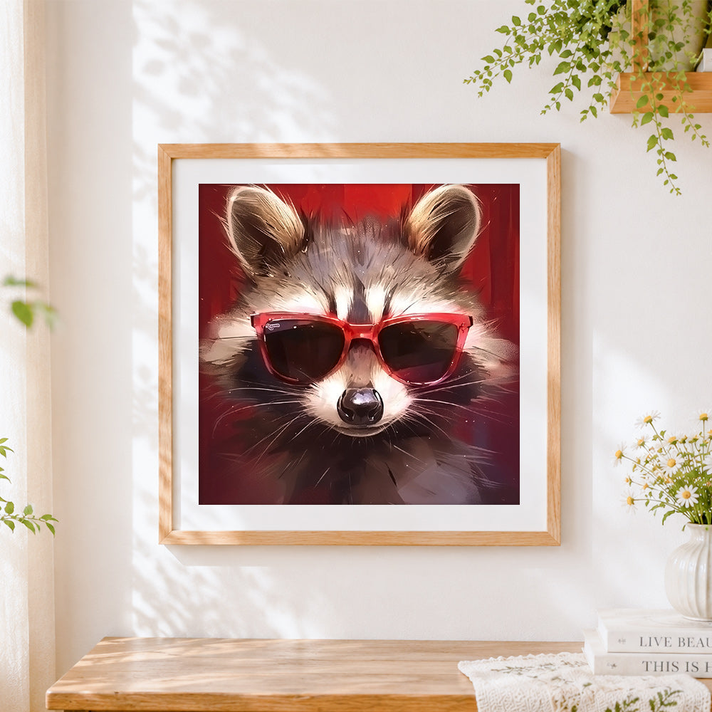 Finished cool raccoon with red sunglasses cross stitch artwork displayed