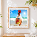 Finished cool rooster in sunglasses and swim shorts cross stitch artwork displayed