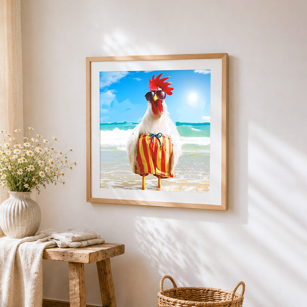 Cool rooster in sunglasses and swim shorts cross stitch artwork displayed on wall as home decor