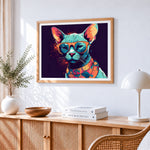 Cool sphynx cat with sunglasses cross stitch artwork displayed on wall as home decor