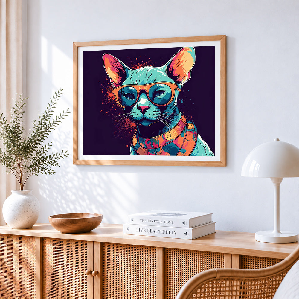 Cool sphynx cat with sunglasses cross stitch artwork displayed on wall as home decor