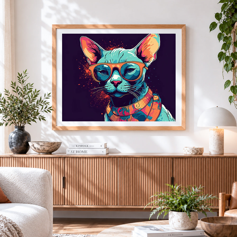 Finished cool sphynx cat with sunglasses paint by numbers artwork displayed as home decor