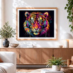 Finished cool tiger with headphones cross stitch artwork displayed