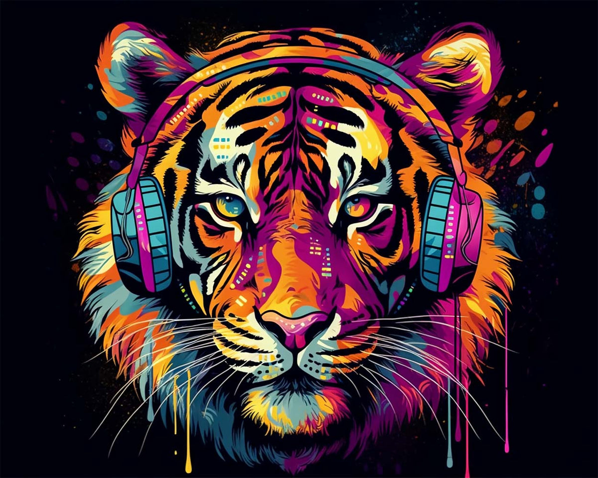Cool tiger with headphones cross stitch kit for beginners