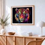 Cool tiger with headphones cross stitch artwork displayed on wall as home decor
