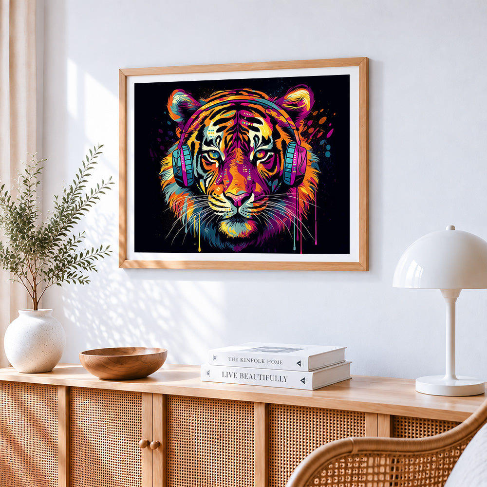 Cool tiger with headphones cross stitch artwork displayed on wall as home decor