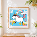 Finished cool unicorn with sunglasses cross stitch artwork displayed