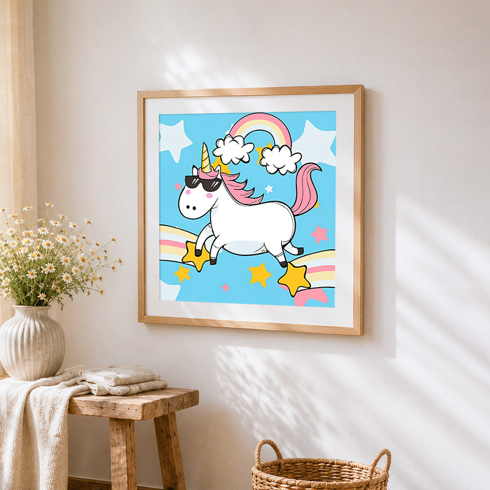 Cool unicorn with sunglasses cross stitch artwork displayed on wall as home decor