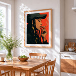 Cool woman with braids and cap cross stitch artwork displayed on wall as home decor