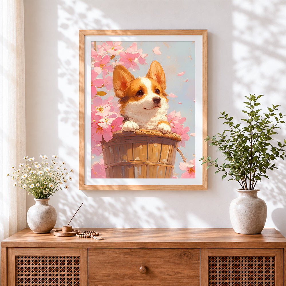 Finished corgi puppy in basket with blossoms cross stitch artwork displayed