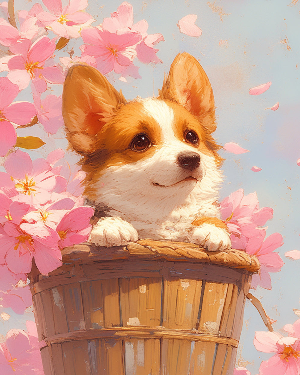 Corgi puppy in basket with blossoms cross stitch kit for beginners