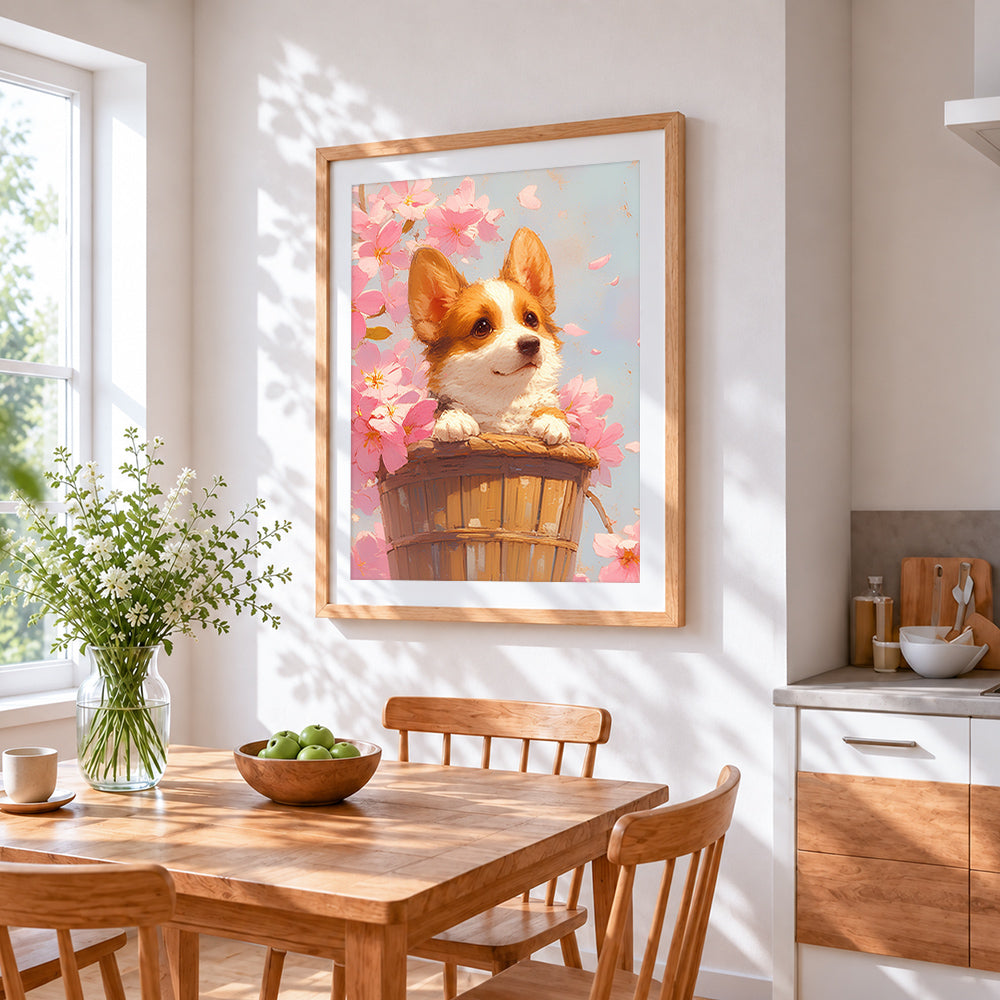 Corgi puppy in basket with blossoms cross stitch artwork displayed on wall as home decor