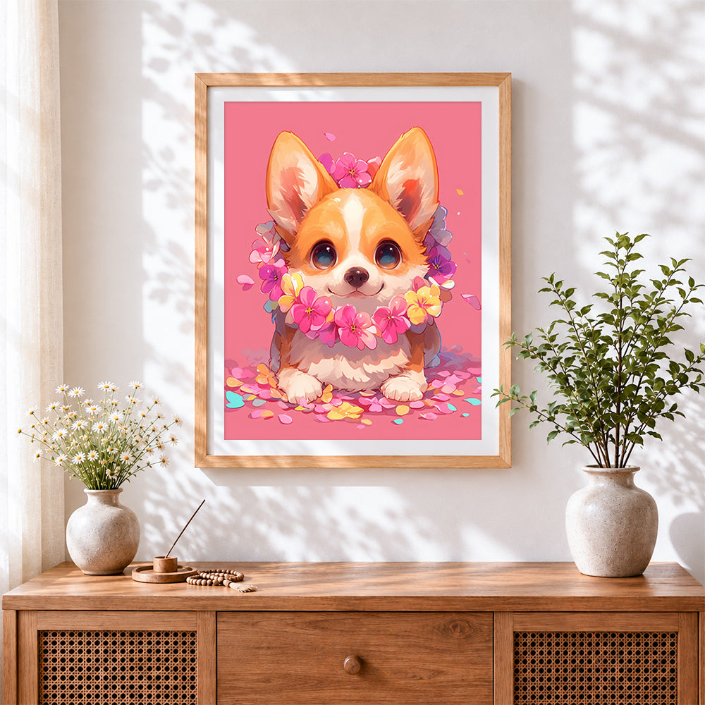 Finished corgi puppy with floral crown cross stitch artwork displayed