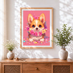 Finished corgi puppy with floral crown cross stitch artwork displayed
