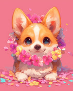 Corgi puppy with floral crown cross stitch kit for beginners