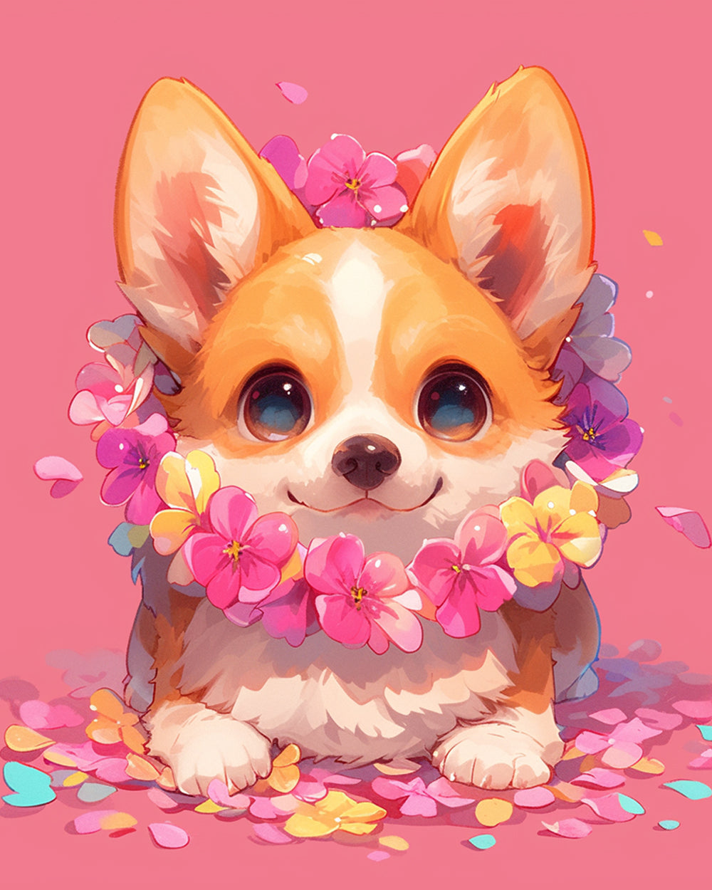 Corgi puppy with floral crown cross stitch kit for beginners