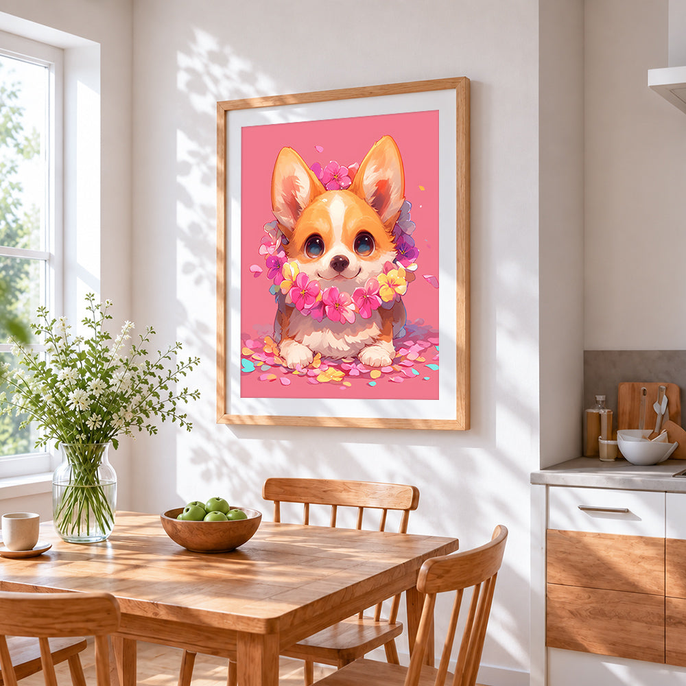 Corgi puppy with floral crown cross stitch artwork displayed on wall as home decor
