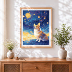 Finished corgi under starry sky cross stitch artwork displayed