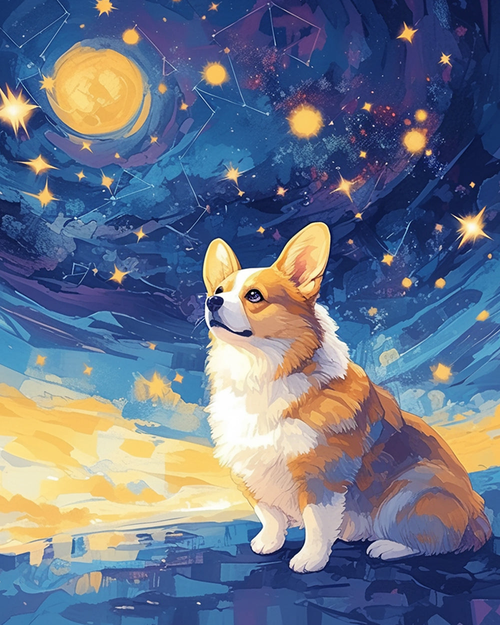 Corgi under starry sky cross stitch kit for beginners