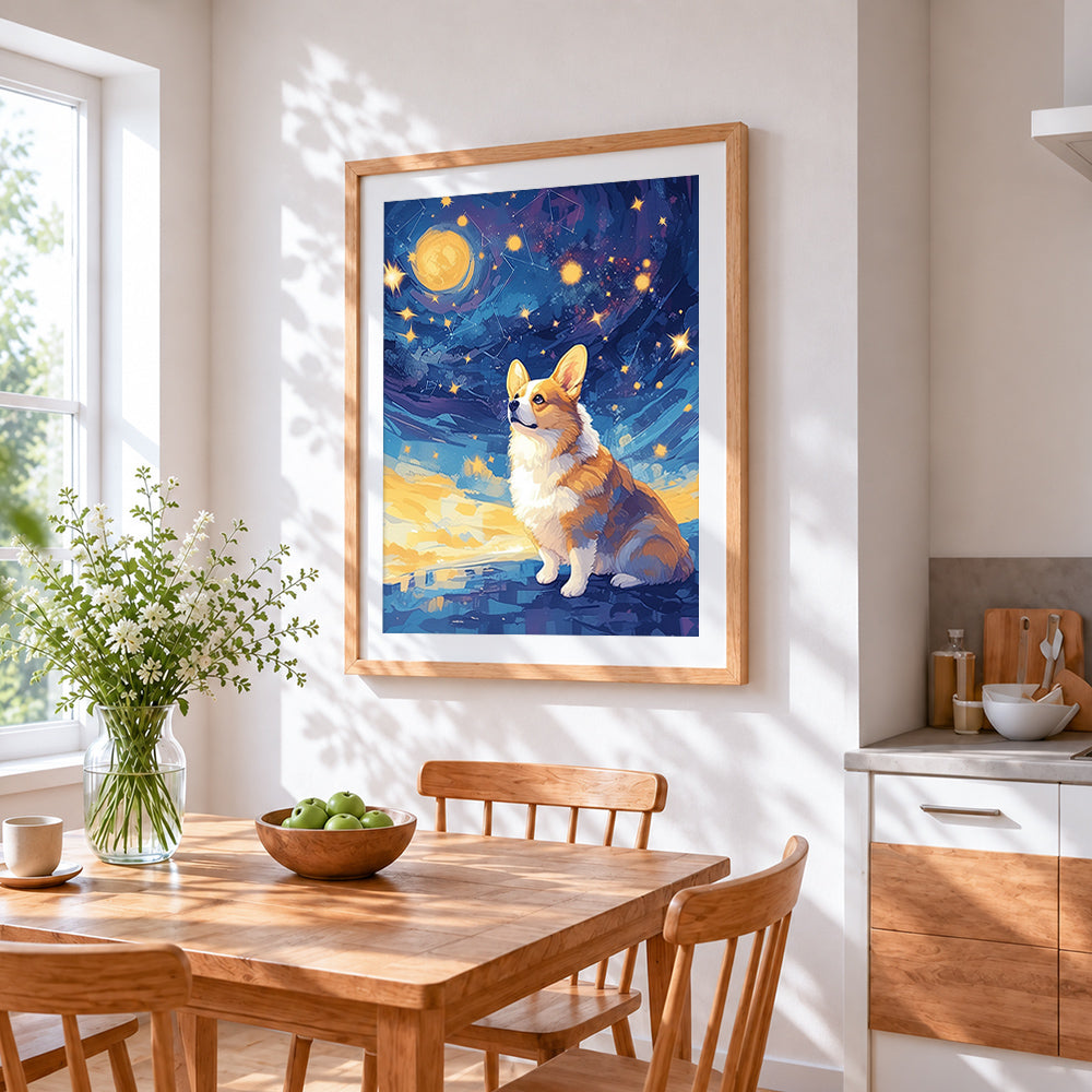 Corgi under starry sky cross stitch artwork displayed on wall as home decor