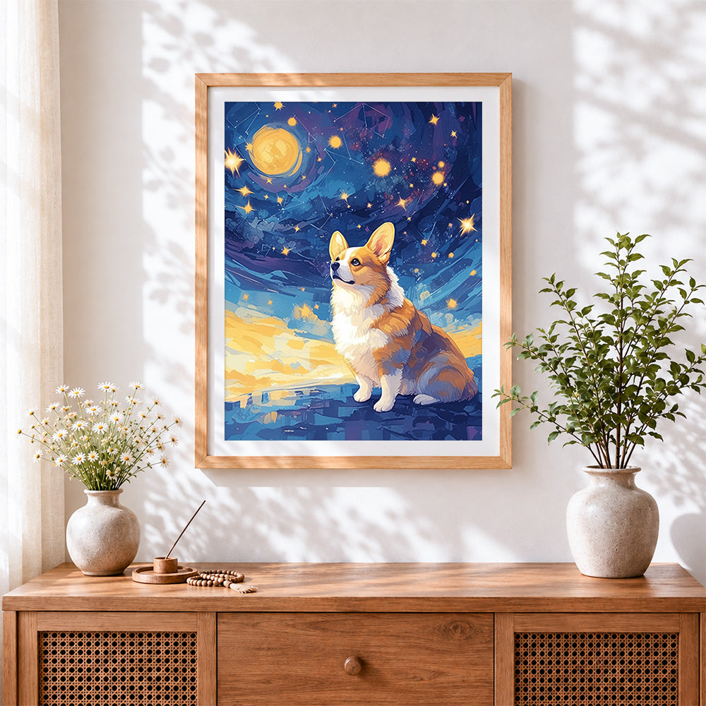 Finished corgi under starry sky paint by numbers artwork displayed as home decor