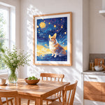 Corgi under starry sky paint by numbers artwork displayed on wall as home decor