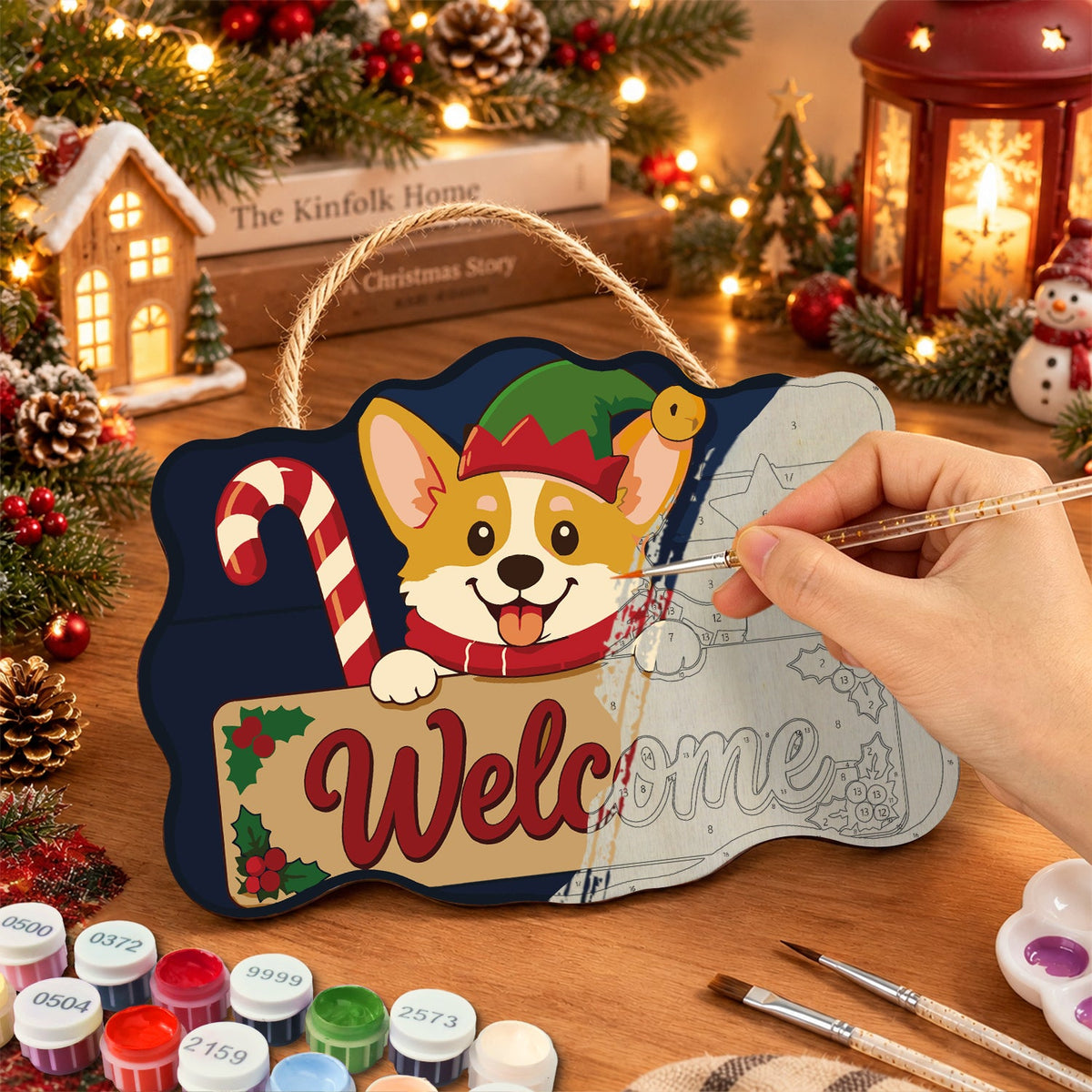 Corgi welcome sign paint by numbers door hanger painting process
