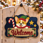 Corgi welcome sign paint by numbers door hanger on a garden gate